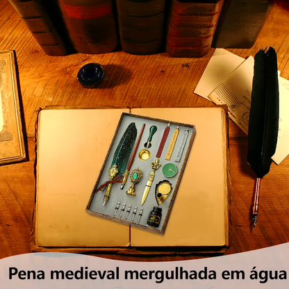 Conjunto de Escrita Medieval com Pena e Tinteiro (sem tinta inclusa) – Kit Retrô Artístico de Caligrafia e Selagem em Cera