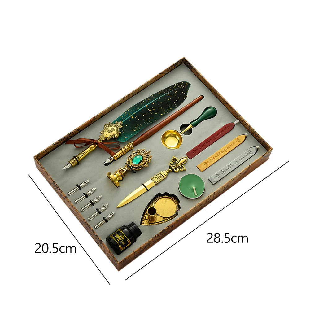 Conjunto de Escrita Medieval com Pena e Tinteiro (sem tinta inclusa) – Kit Retrô Artístico de Caligrafia e Selagem em Cera