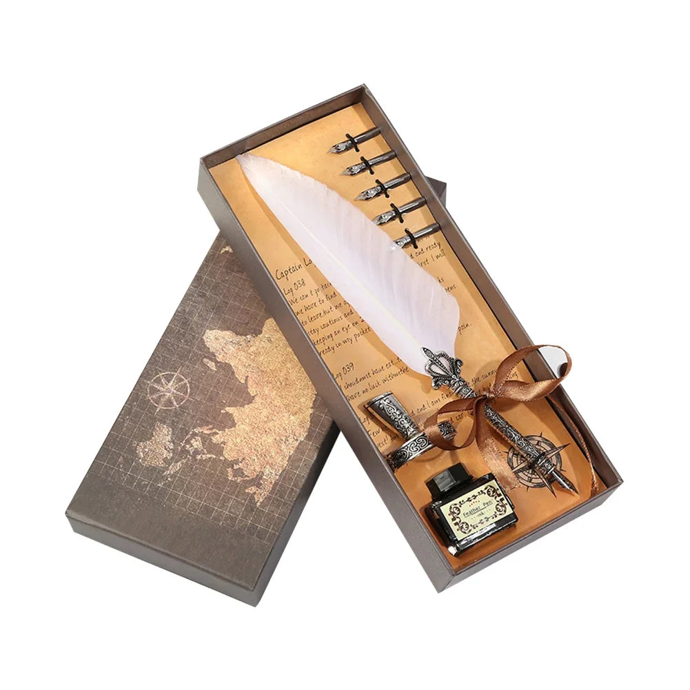 Conjunto de Escrita Medieval com Pena e Tinteiro (sem tinta inclusa) – Kit Retrô Artístico de Caligrafia e Selagem em Cera