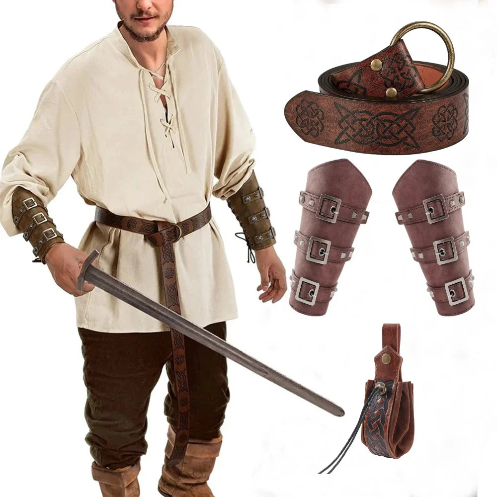 Conjunto Medieval Masculino – 5 Peças de Cinto, Braceletes e Bolsa em Couro Sintético