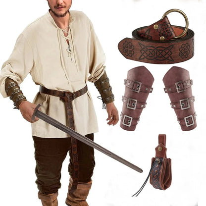 Conjunto Medieval Masculino – 5 Peças de Cinto, Braceletes e Bolsa em Couro Sintético