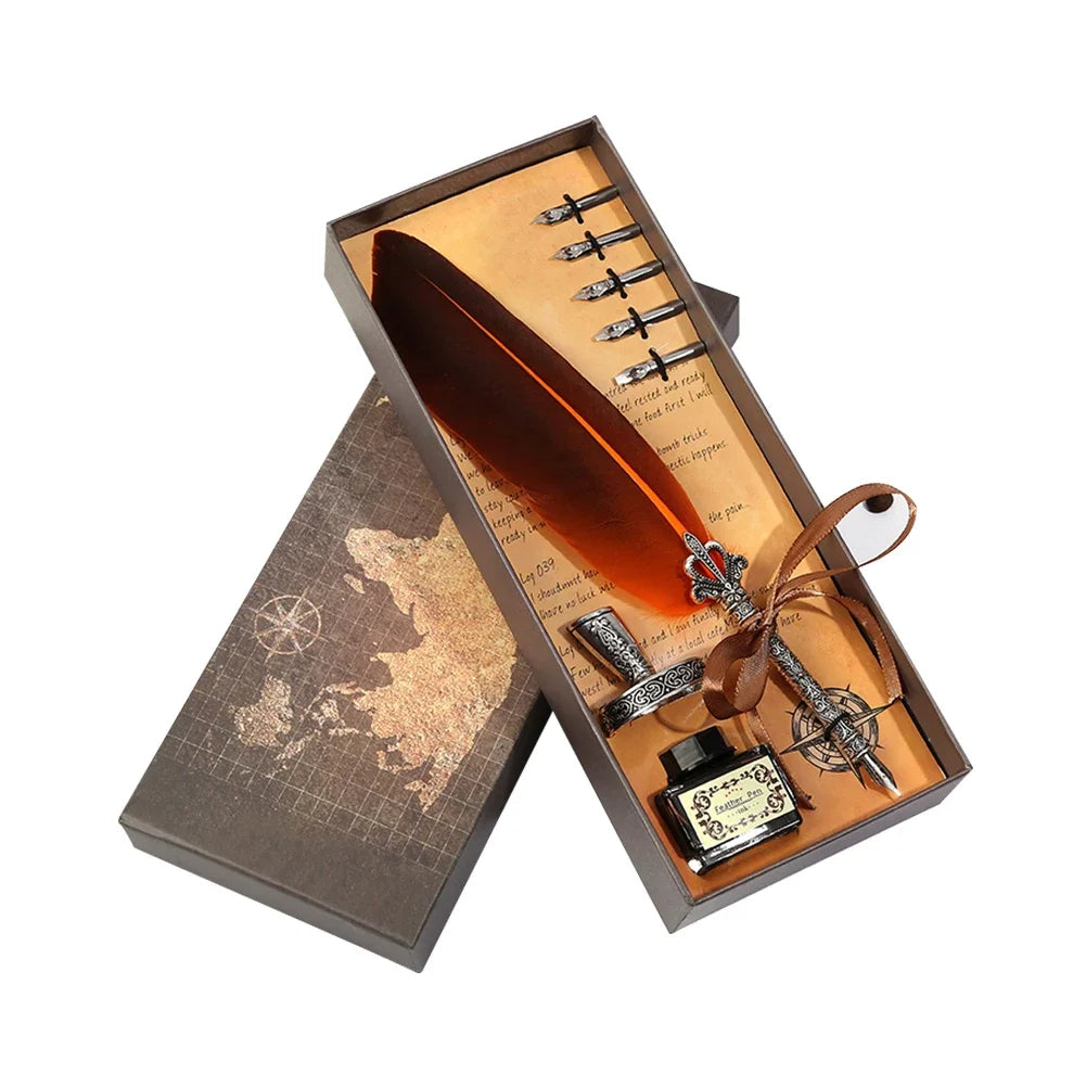 Conjunto de Escrita Medieval com Pena e Tinteiro (sem tinta inclusa) – Kit Retrô Artístico de Caligrafia e Selagem em Cera