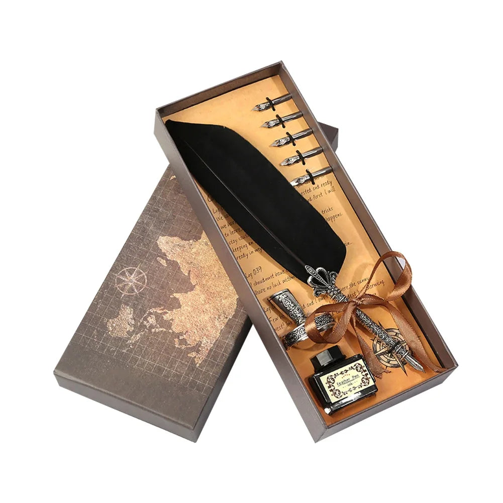 Conjunto de Escrita Medieval com Pena e Tinteiro (sem tinta inclusa) – Kit Retrô Artístico de Caligrafia e Selagem em Cera