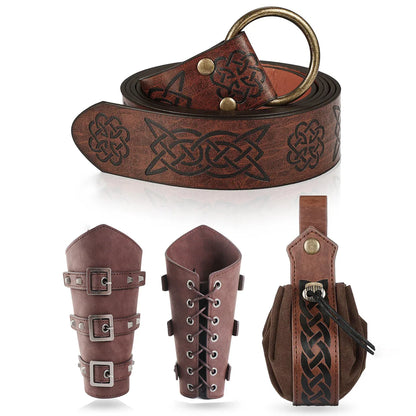 Conjunto Medieval Masculino – 5 Peças de Cinto, Braceletes e Bolsa em Couro Sintético