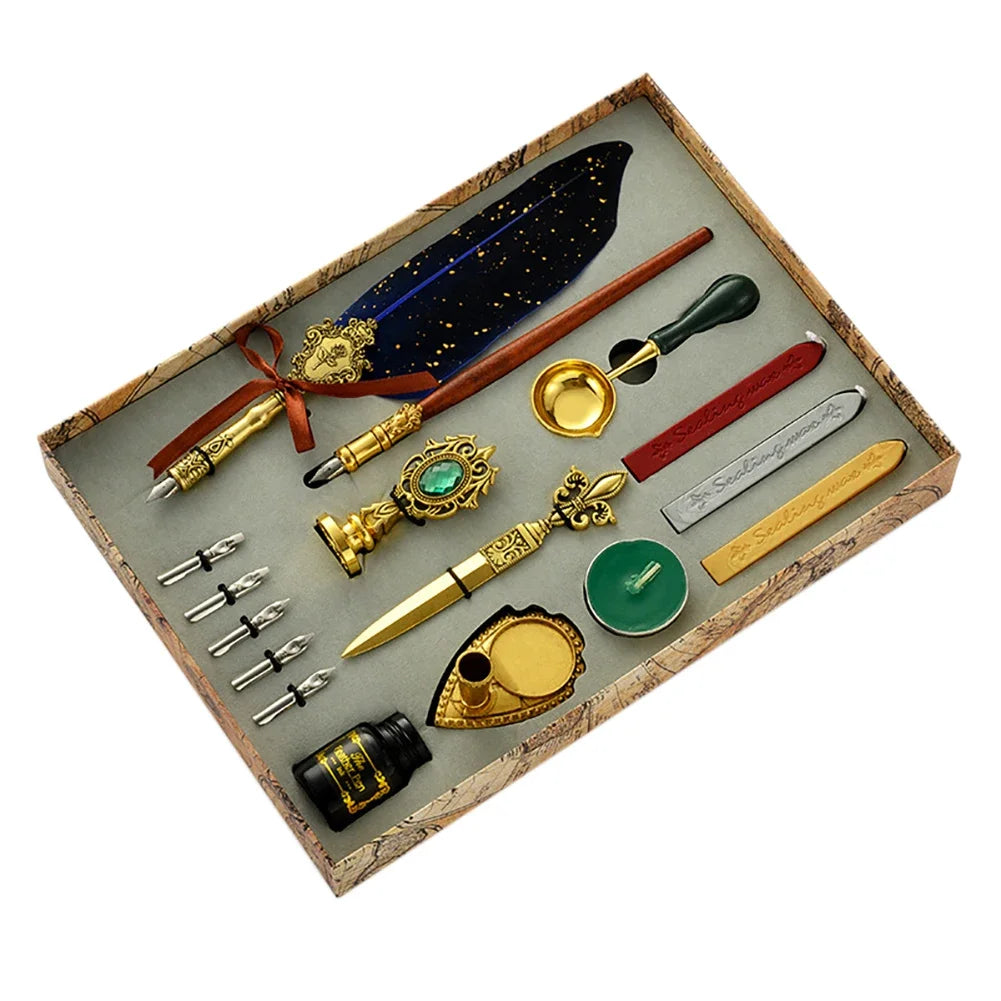 Conjunto de Escrita Medieval com Pena e Tinteiro (sem tinta inclusa) – Kit Retrô Artístico de Caligrafia e Selagem em Cera