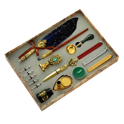 Conjunto de Escrita Medieval com Pena e Tinteiro (sem tinta inclusa) – Kit Retrô Artístico de Caligrafia e Selagem em Cera