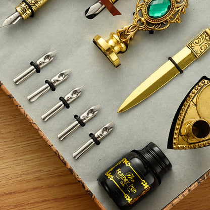 Conjunto de Escrita Medieval com Pena e Tinteiro (sem tinta inclusa) – Kit Retrô Artístico de Caligrafia e Selagem em Cera