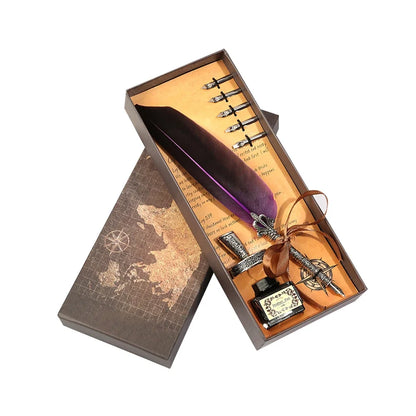 Conjunto de Escrita Medieval com Pena e Tinteiro (sem tinta inclusa) – Kit Retrô Artístico de Caligrafia e Selagem em Cera