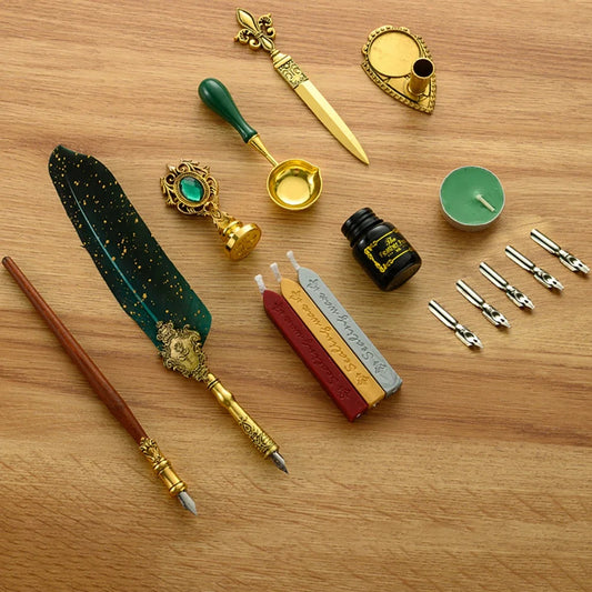 Conjunto de Escrita Medieval com Pena e Tinteiro (sem tinta inclusa) – Kit Retrô Artístico de Caligrafia e Selagem em Cera